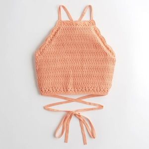 Hollister Crop High-Neck Orange Crochet Sweater Tank Size Medium